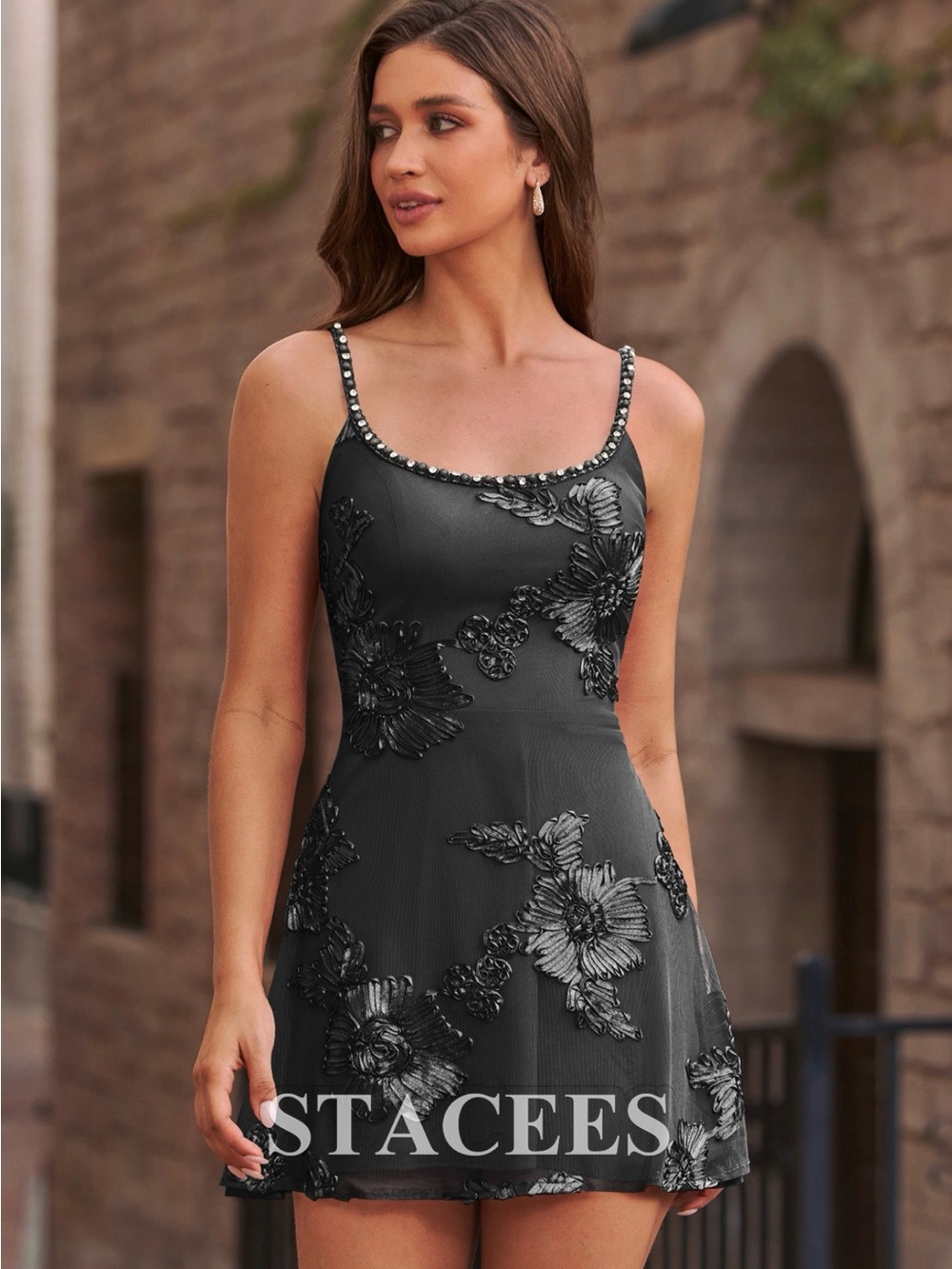 Stacee’s A-line Floral Jacquard Short Dress with Beaded Spaghetti Straps